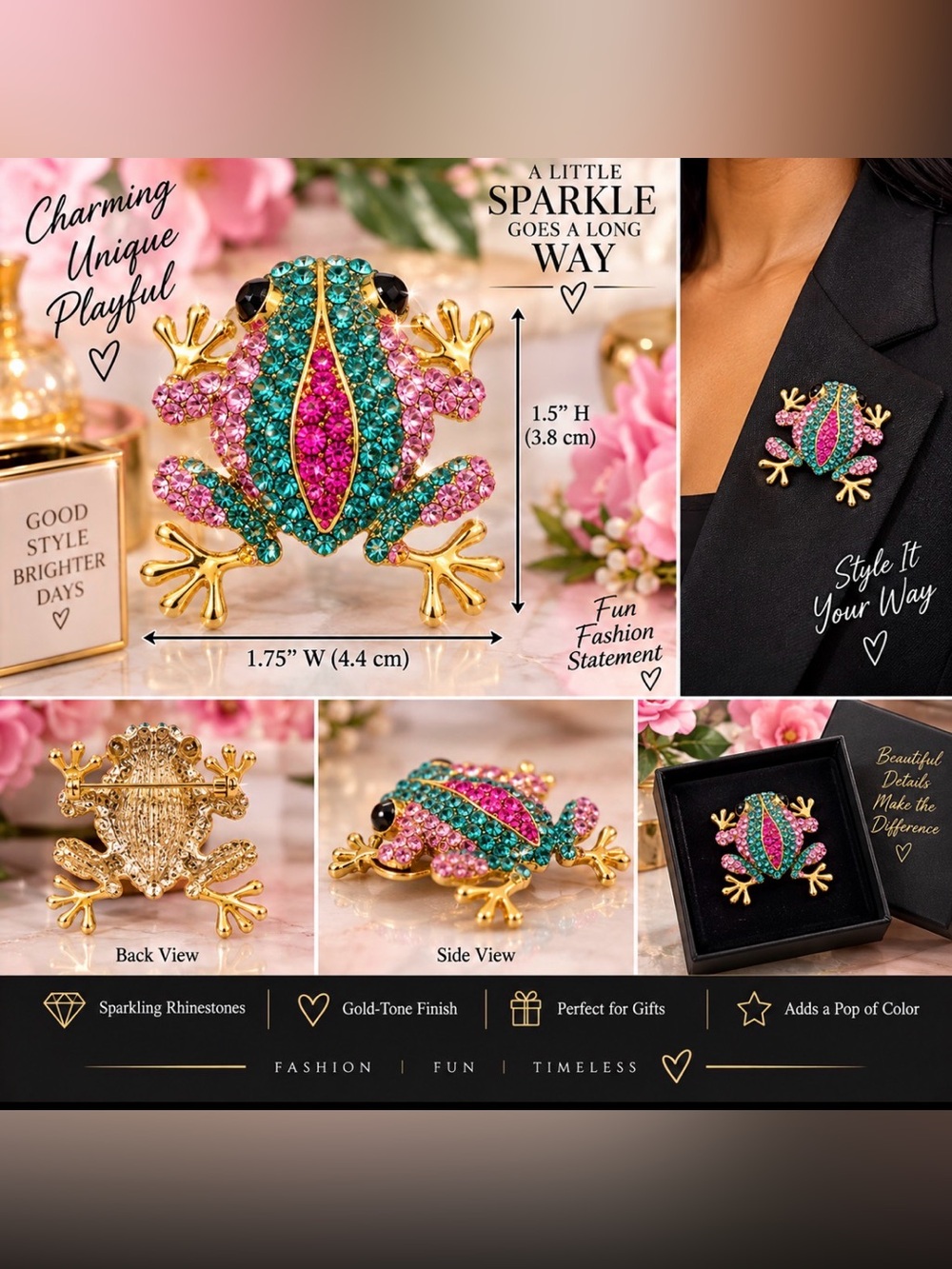 Gold-Tone Multicolor Crystal Frog Brooch - Sparkling Pink & Teal Accent